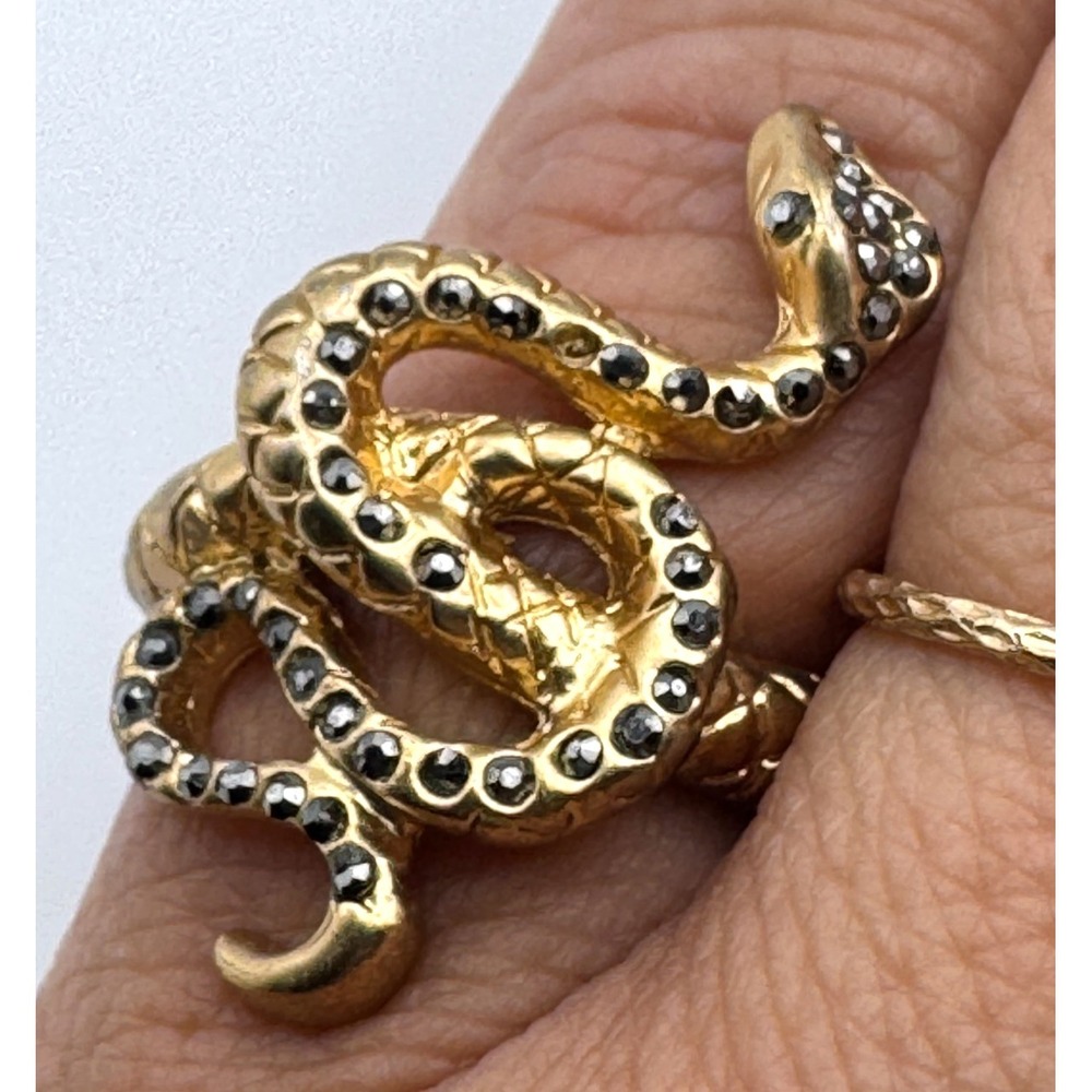 Vintage Snake Ring Gold Tone Adjustable Stretch Band Rhinestone Serpent READ
